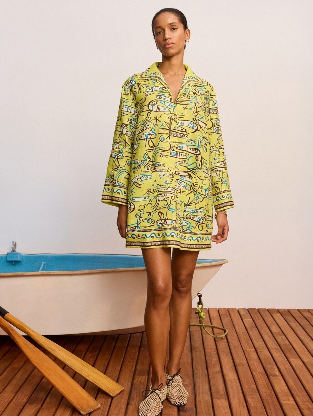 ALEMAIS Fish Sticks Long Sleeve Mini Dress - Yellow